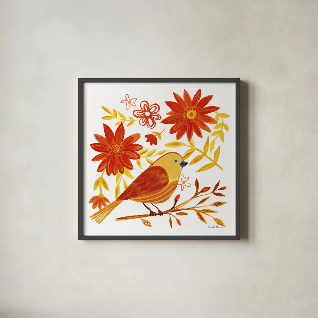 Orange Bird I by Farida Zaman. Shown in a sleek black glass frame for a contemporary gallery look. Available as an archival giclee rolled canvas, fine art paper, or poster print. SKU 39276a.