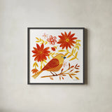 Orange Bird I by Farida Zaman. Shown in a sleek black glass frame for a contemporary gallery look. Available as an archival giclee rolled canvas, fine art paper, or poster print. SKU 39276a.