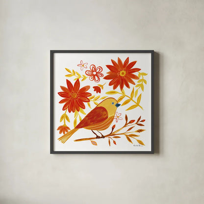 Orange Bird I by Farida Zaman. Shown in a sleek black glass frame for a contemporary gallery look. Available as an archival giclee rolled canvas, fine art paper, or poster print. SKU 39276a.