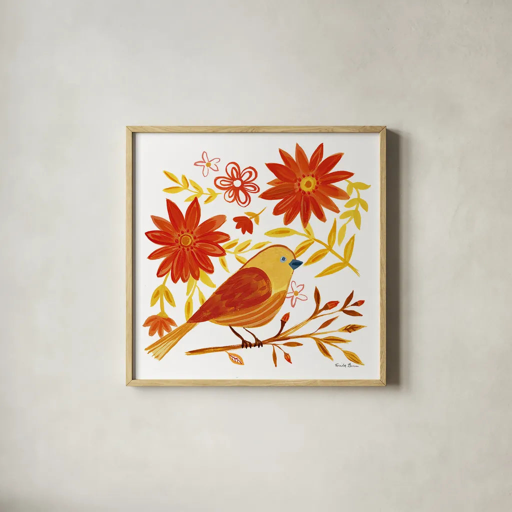 Orange Bird I by Farida Zaman. Shown in a natural wood glass frame for a timeless modern aesthetic. Available as an archival giclee rolled canvas, fine art paper, or poster print. SKU 39276a.