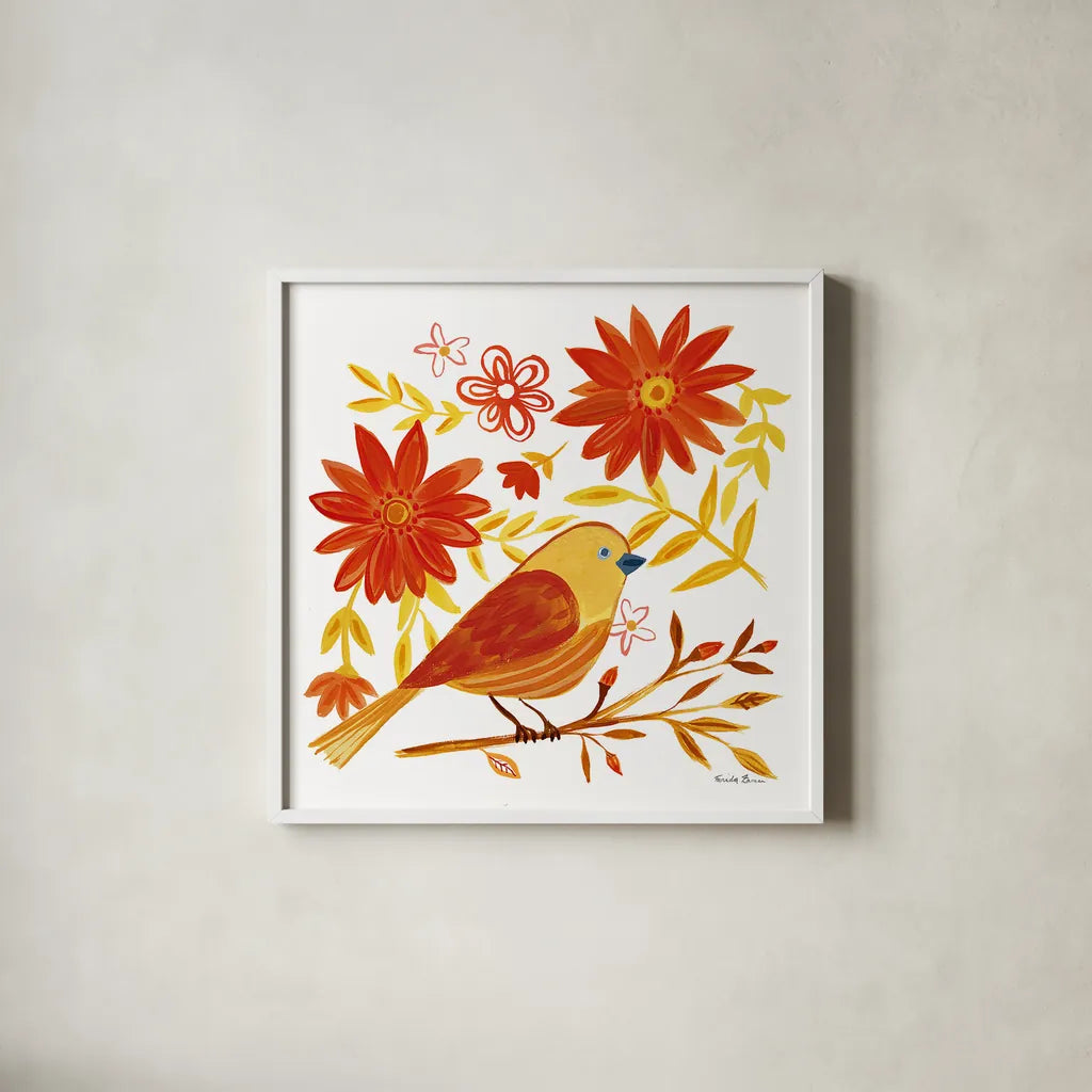 Orange Bird I by Farida Zaman. Shown in a crisp white glass frame for a clean and minimalist style. Available as an archival giclee rolled canvas, fine art paper, or poster print. SKU 39276a.