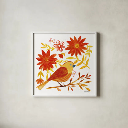 Orange Bird I by Farida Zaman. Shown in a crisp white glass frame for a clean and minimalist style. Available as an archival giclee rolled canvas, fine art paper, or poster print. SKU 39276a.