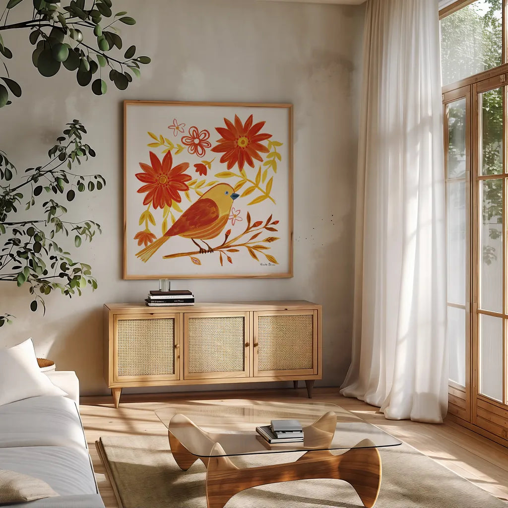 Orange Bird I by Farida Zaman. Shown in a natural wood frame in a cozy modern living room. Available as an archival giclee rolled canvas, fine art paper, or poster print. SKU 39276a.