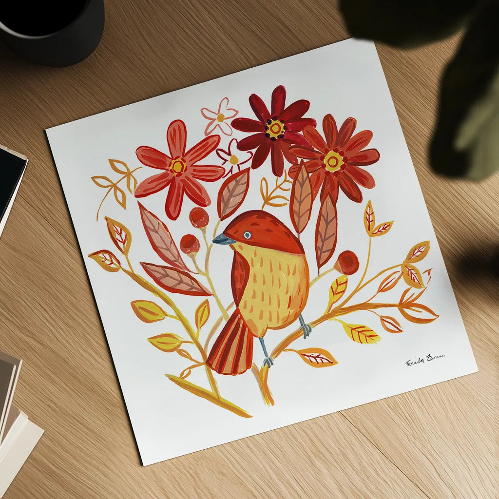 Orange Bird II by Farida Zaman. Shown as a detailed flat fine art print, highlighting archival giclee quality. Available as an archival giclee rolled canvas, fine art paper, or poster print. SKU 39277a.
