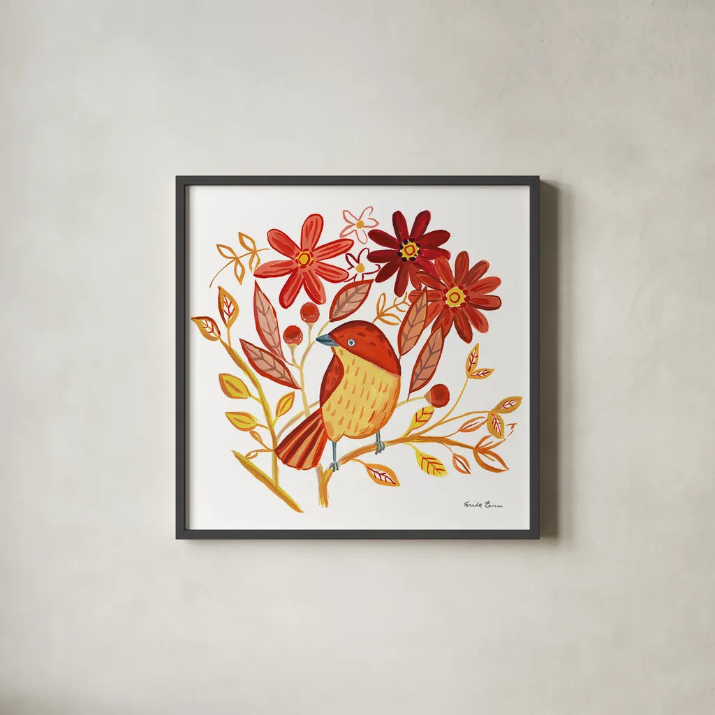 Orange Bird II by Farida Zaman. Shown in a sleek black glass frame for a contemporary gallery look. Available as an archival giclee rolled canvas, fine art paper, or poster print. SKU 39277a.