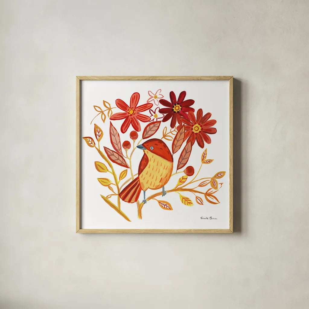 Orange Bird II by Farida Zaman. Shown in a natural wood glass frame for a timeless modern aesthetic. Available as an archival giclee rolled canvas, fine art paper, or poster print. SKU 39277a.