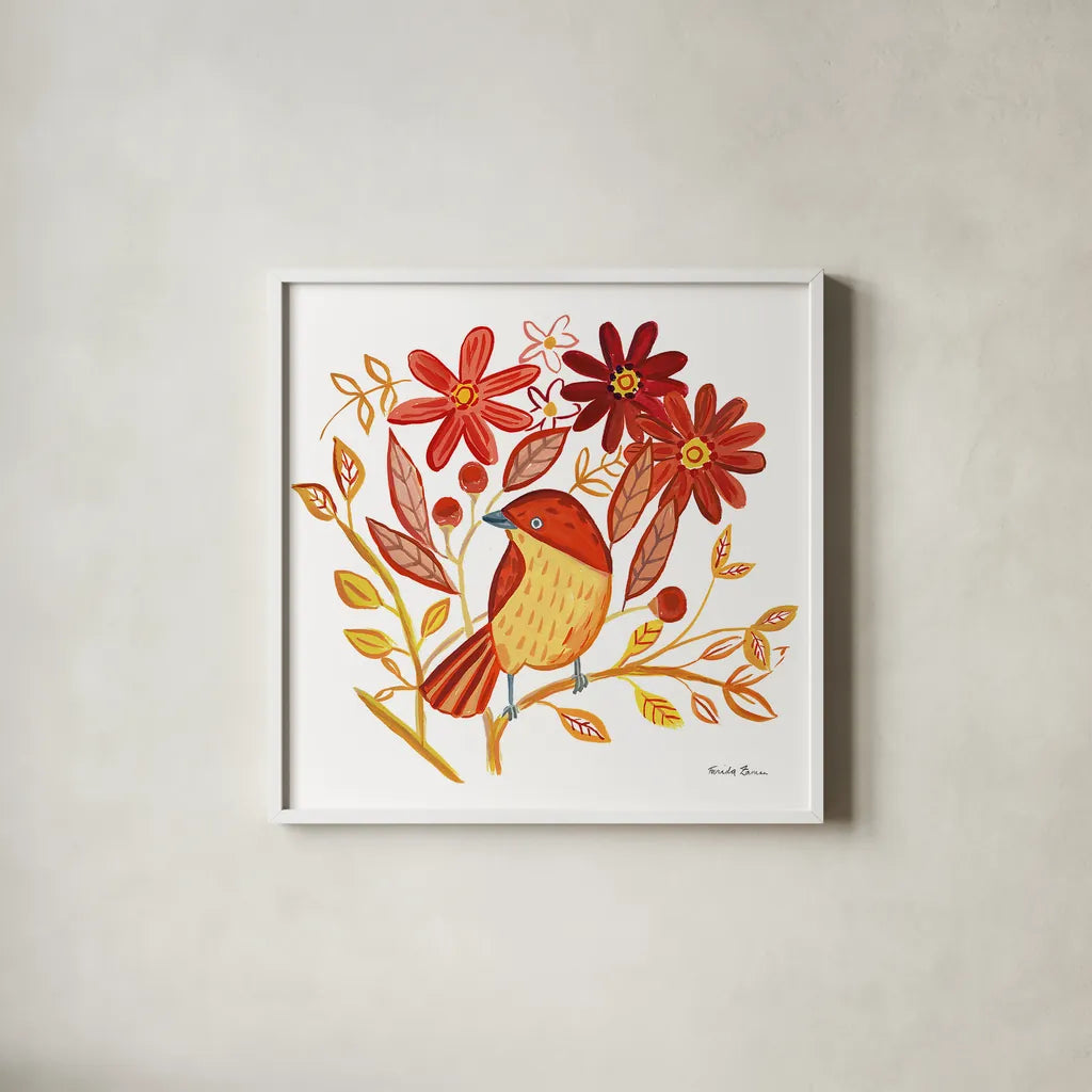 Orange Bird II by Farida Zaman. Shown in a crisp white glass frame for a clean and minimalist style. Available as an archival giclee rolled canvas, fine art paper, or poster print. SKU 39277a.