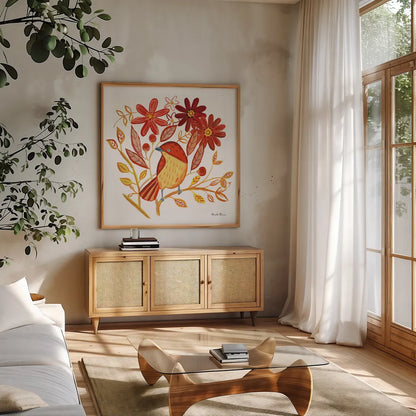 Orange Bird II by Farida Zaman. Shown in a natural wood frame in a cozy modern living room. Available as an archival giclee rolled canvas, fine art paper, or poster print. SKU 39277a.