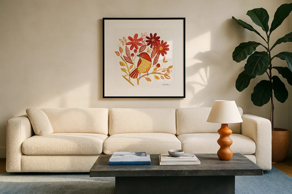 Orange Bird II by Farida Zaman. Displayed in a glass frame with matte in a clean modern living room. Available as an archival giclee rolled canvas, fine art paper, or poster print. SKU 39277a.