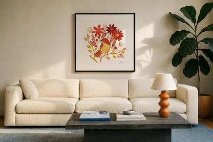 Orange Bird II by Farida Zaman. Displayed in a glass frame with matte in a clean modern living room. Available as an archival giclee rolled canvas, fine art paper, or poster print. SKU 39277a.