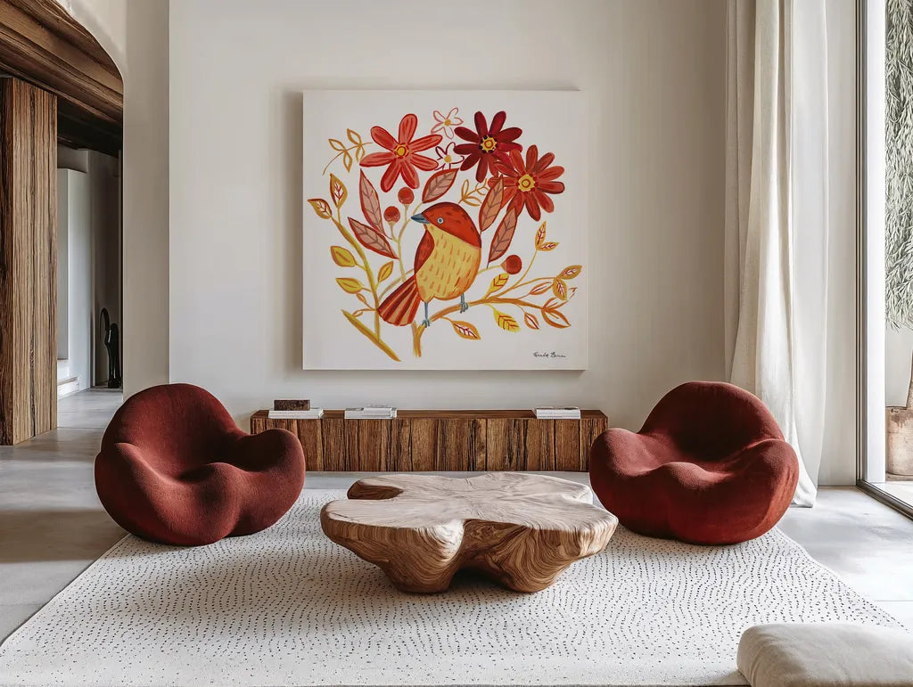 Orange Bird II by Farida Zaman. Shown as extra-large giant wall art in a modern living room. Available as an archival giclee rolled canvas, fine art paper, or poster print. SKU 39277a.