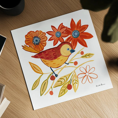 Orange Bird III by Farida Zaman. Shown as a detailed flat fine art print, highlighting archival giclee quality. Available as an archival giclee rolled canvas, fine art paper, or poster print. SKU 39278a.