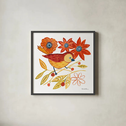Orange Bird III by Farida Zaman. Shown in a sleek black glass frame for a contemporary gallery look. Available as an archival giclee rolled canvas, fine art paper, or poster print. SKU 39278a.