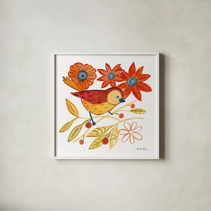 Orange Bird III by Farida Zaman. Shown in a crisp white glass frame for a clean and minimalist style. Available as an archival giclee rolled canvas, fine art paper, or poster print. SKU 39278a.
