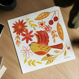Orange Bird IV by Farida Zaman. Shown as a detailed flat fine art print, highlighting archival giclee quality. Available as an archival giclee rolled canvas, fine art paper, or poster print. SKU 39279a.