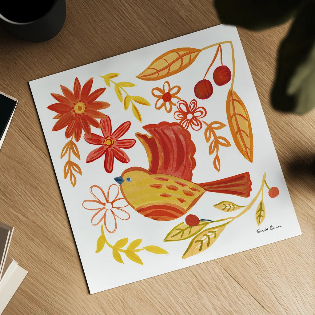 Orange Bird IV by Farida Zaman. Shown as a detailed flat fine art print, highlighting archival giclee quality. Available as an archival giclee rolled canvas, fine art paper, or poster print. SKU 39279a.