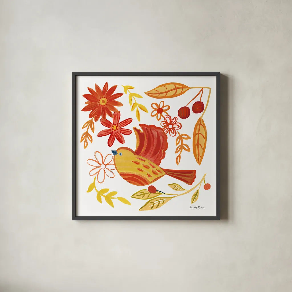 Orange Bird IV by Farida Zaman. Shown in a sleek black glass frame for a contemporary gallery look. Available as an archival giclee rolled canvas, fine art paper, or poster print. SKU 39279a.