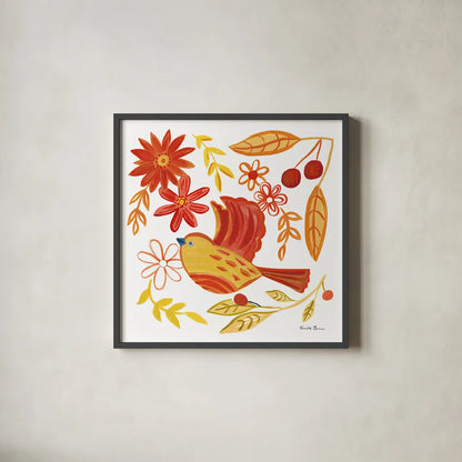Orange Bird IV by Farida Zaman. Shown in a sleek black glass frame for a contemporary gallery look. Available as an archival giclee rolled canvas, fine art paper, or poster print. SKU 39279a.
