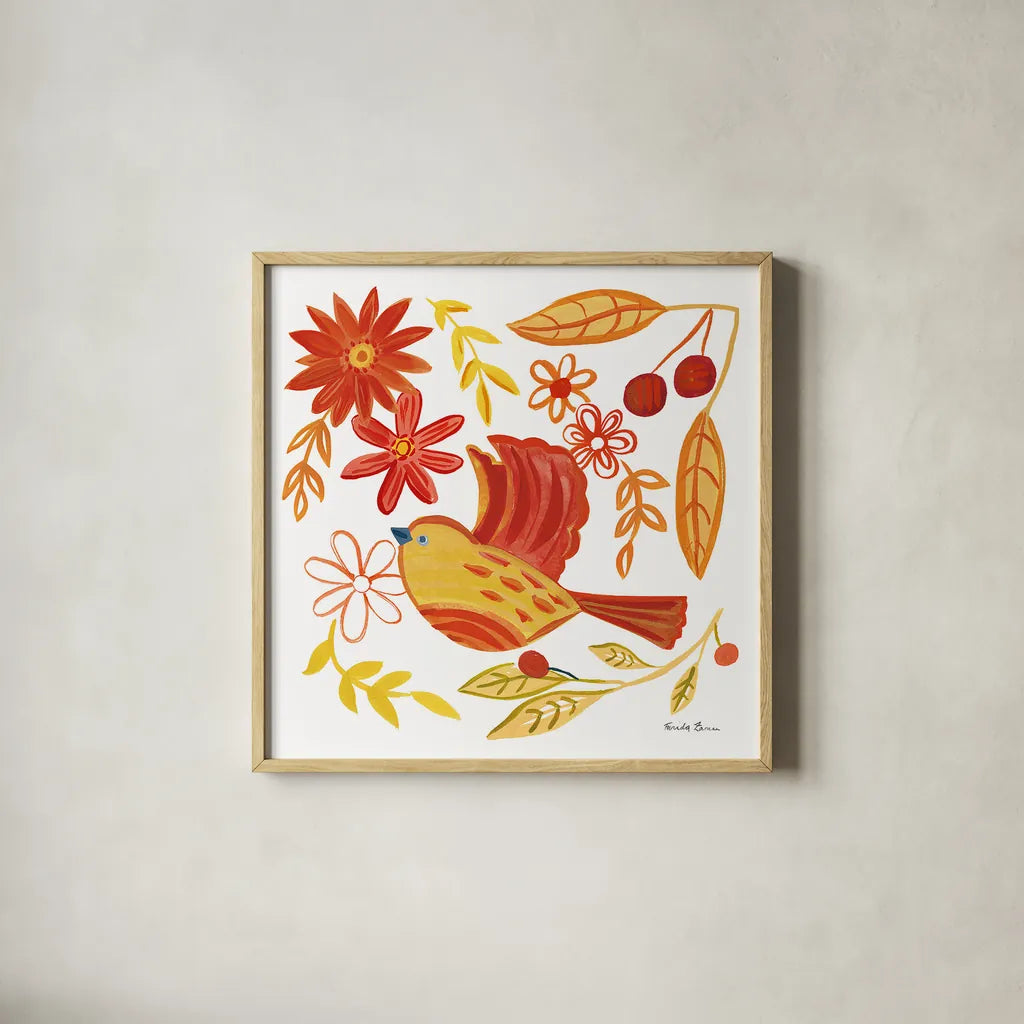Orange Bird IV by Farida Zaman. Shown in a natural wood glass frame for a timeless modern aesthetic. Available as an archival giclee rolled canvas, fine art paper, or poster print. SKU 39279a.