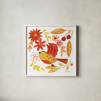 Orange Bird IV by Farida Zaman. Shown in a crisp white glass frame for a clean and minimalist style. Available as an archival giclee rolled canvas, fine art paper, or poster print. SKU 39279a.