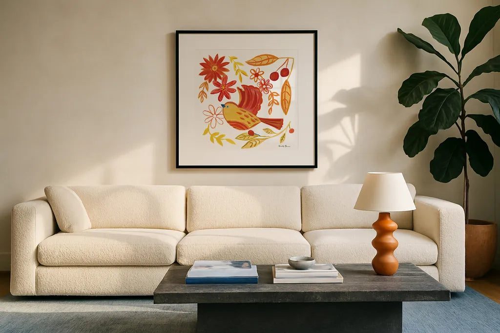 Orange Bird IV by Farida Zaman. Displayed in a glass frame with matte in a clean modern living room. Available as an archival giclee rolled canvas, fine art paper, or poster print. SKU 39279a.