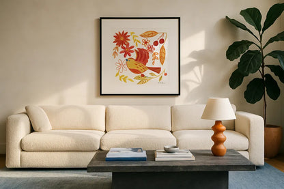 Orange Bird IV by Farida Zaman. Displayed in a glass frame with matte in a clean modern living room. Available as an archival giclee rolled canvas, fine art paper, or poster print. SKU 39279a.