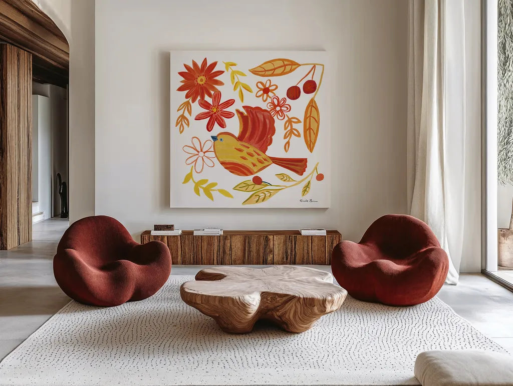 Orange Bird IV by Farida Zaman. Shown as extra-large giant wall art in a modern living room. Available as an archival giclee rolled canvas, fine art paper, or poster print. SKU 39279a.