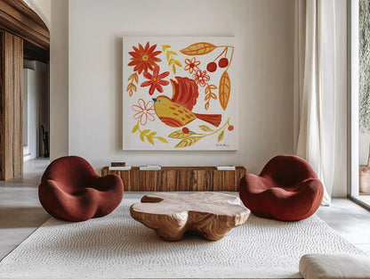 Orange Bird IV by Farida Zaman. Shown as extra-large giant wall art in a modern living room. Available as an archival giclee rolled canvas, fine art paper, or poster print. SKU 39279a.