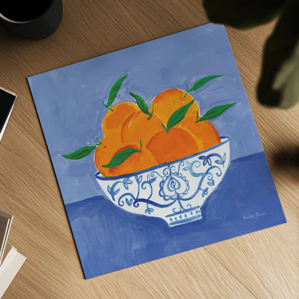 Orange Still Life by Farida Zaman. Shown as a detailed flat fine art print, highlighting archival giclee quality. Available as an archival giclee rolled canvas, fine art paper, or poster print. SKU 78769a.