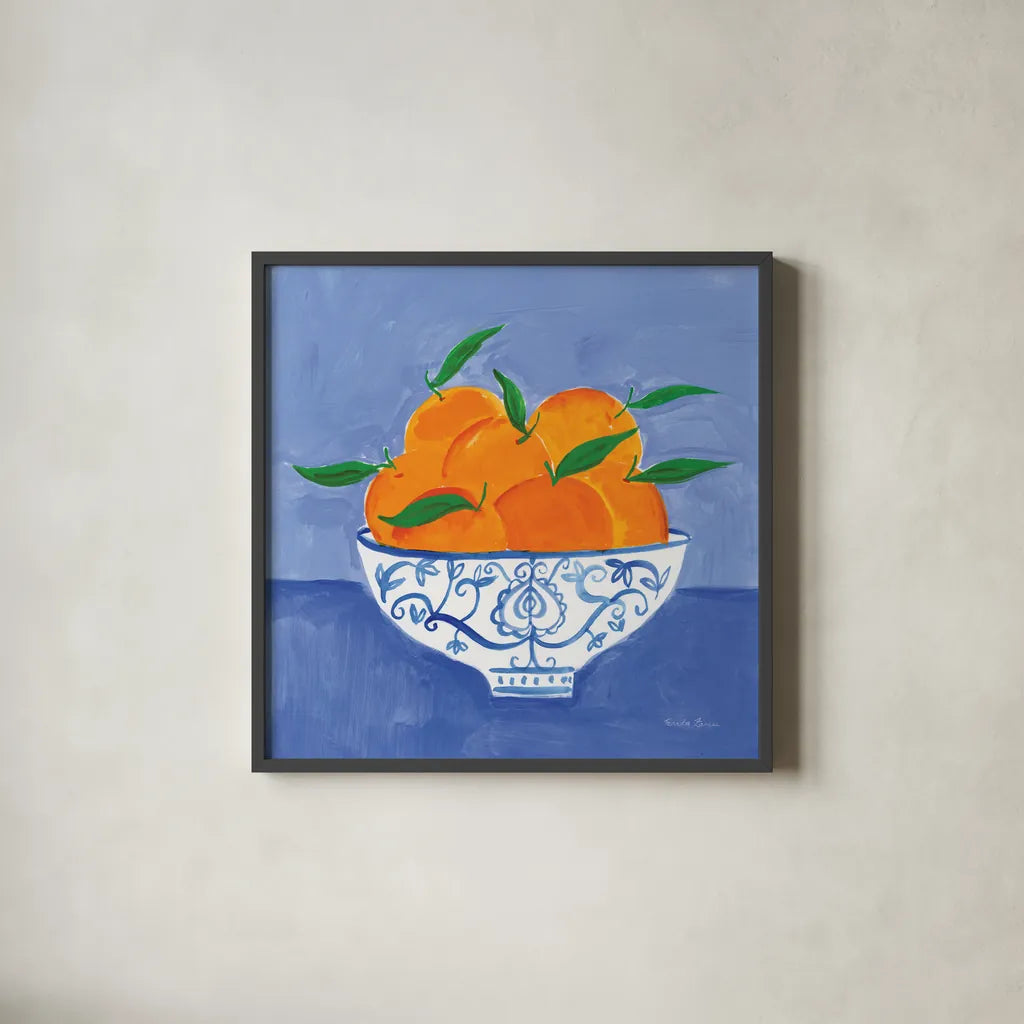 Orange Still Life by Farida Zaman. Shown in a sleek black glass frame for a contemporary gallery look. Available as an archival giclee rolled canvas, fine art paper, or poster print. SKU 78769a.