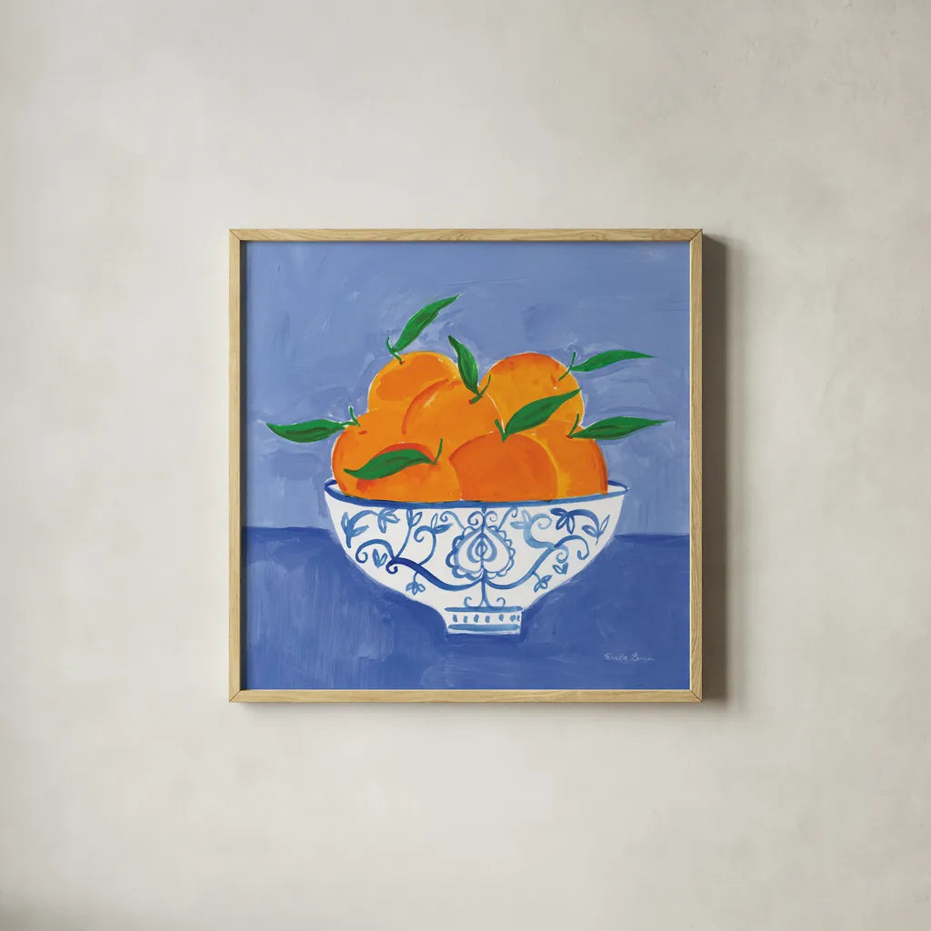 Orange Still Life by Farida Zaman. Shown in a natural wood glass frame for a timeless modern aesthetic. Available as an archival giclee rolled canvas, fine art paper, or poster print. SKU 78769a.