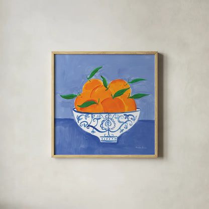 Orange Still Life by Farida Zaman. Shown in a natural wood glass frame for a timeless modern aesthetic. Available as an archival giclee rolled canvas, fine art paper, or poster print. SKU 78769a.