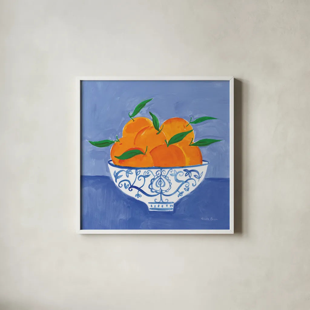 Orange Still Life by Farida Zaman. Shown in a crisp white glass frame for a clean and minimalist style. Available as an archival giclee rolled canvas, fine art paper, or poster print. SKU 78769a.