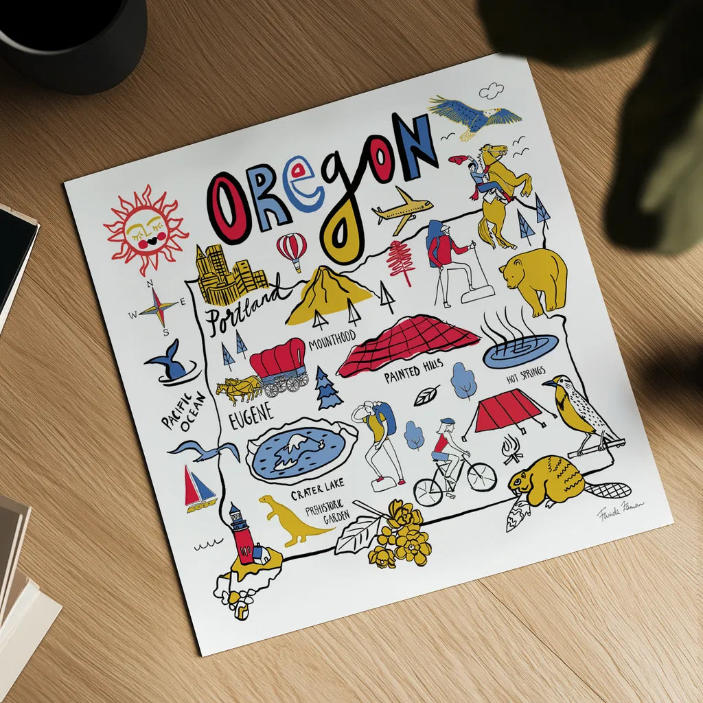 Oregon by Farida Zaman. Shown as a detailed flat fine art print, highlighting archival giclee quality. Available as an archival giclee rolled canvas, fine art paper, or poster print. SKU 68461a.