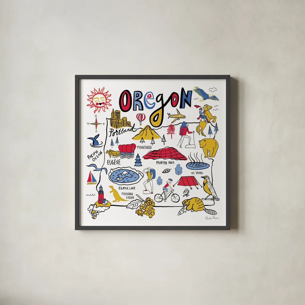 Oregon by Farida Zaman. Shown in a sleek black glass frame for a contemporary gallery look. Available as an archival giclee rolled canvas, fine art paper, or poster print. SKU 68461a.