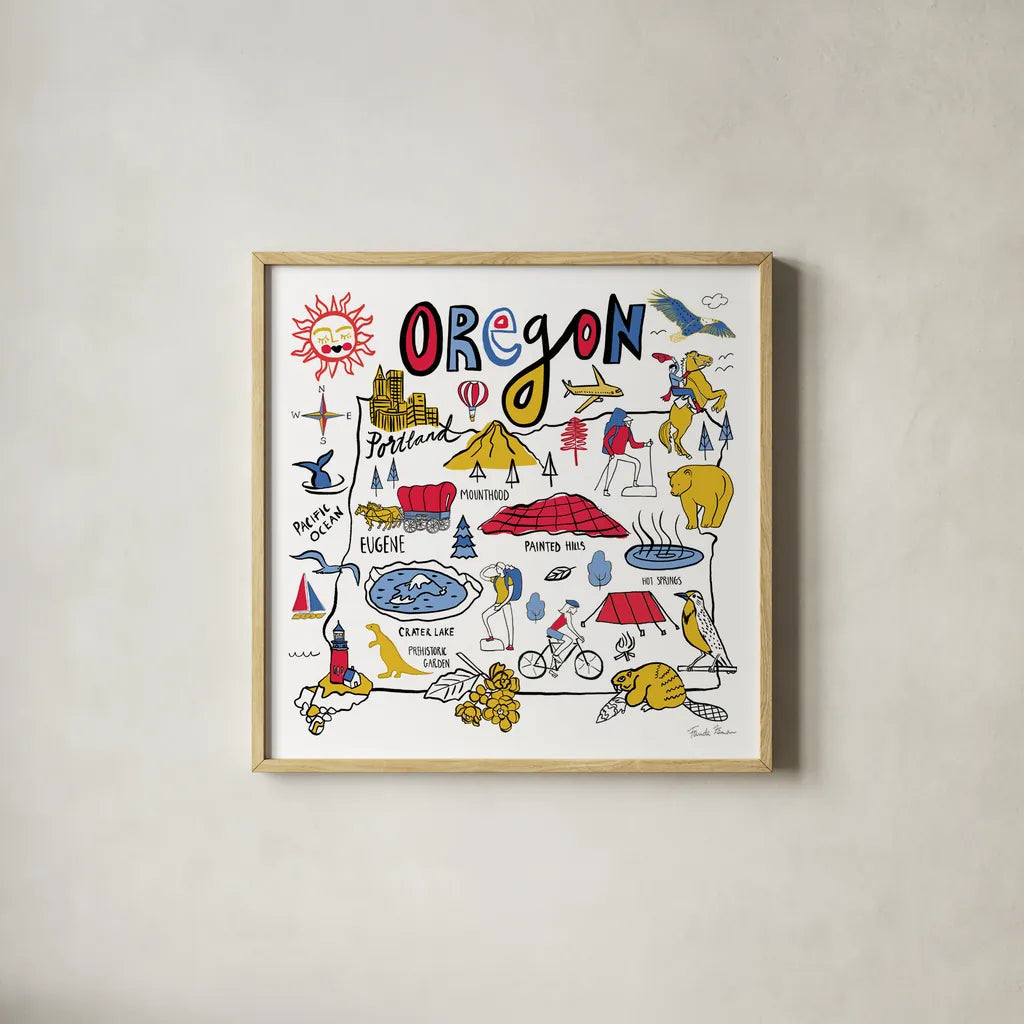 Oregon by Farida Zaman. Shown in a natural wood glass frame for a timeless modern aesthetic. Available as an archival giclee rolled canvas, fine art paper, or poster print. SKU 68461a.