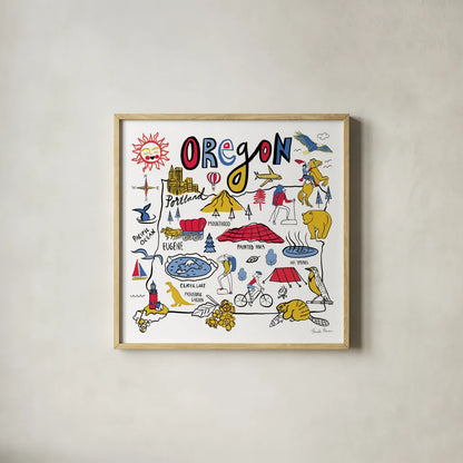 Oregon by Farida Zaman. Shown in a natural wood glass frame for a timeless modern aesthetic. Available as an archival giclee rolled canvas, fine art paper, or poster print. SKU 68461a.