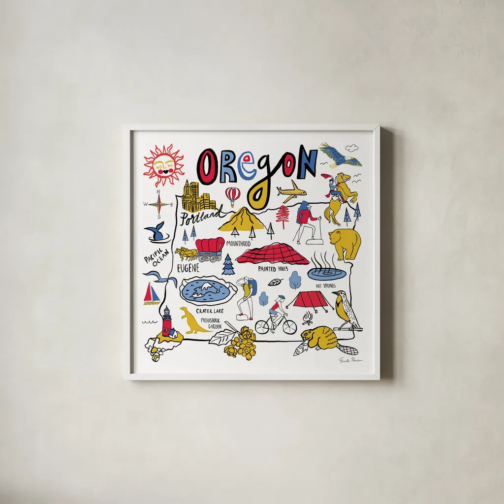 Oregon by Farida Zaman. Shown in a crisp white glass frame for a clean and minimalist style. Available as an archival giclee rolled canvas, fine art paper, or poster print. SKU 68461a.