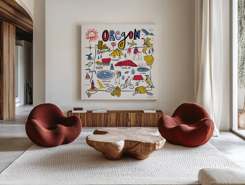 Oregon by Farida Zaman. Shown as extra-large giant wall art in a modern living room. Available as an archival giclee rolled canvas, fine art paper, or poster print. SKU 68461a.