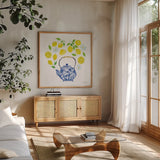 Organic Tea II by Farida Zaman. Shown in a natural wood frame in a cozy modern living room. Available as an archival giclee rolled canvas, fine art paper, or poster print. SKU 61865a.