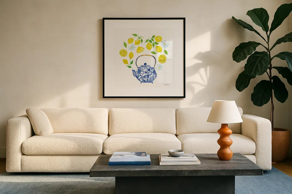 Organic Tea II by Farida Zaman. Displayed in a glass frame with matte in a clean modern living room. Available as an archival giclee rolled canvas, fine art paper, or poster print. SKU 61865a.