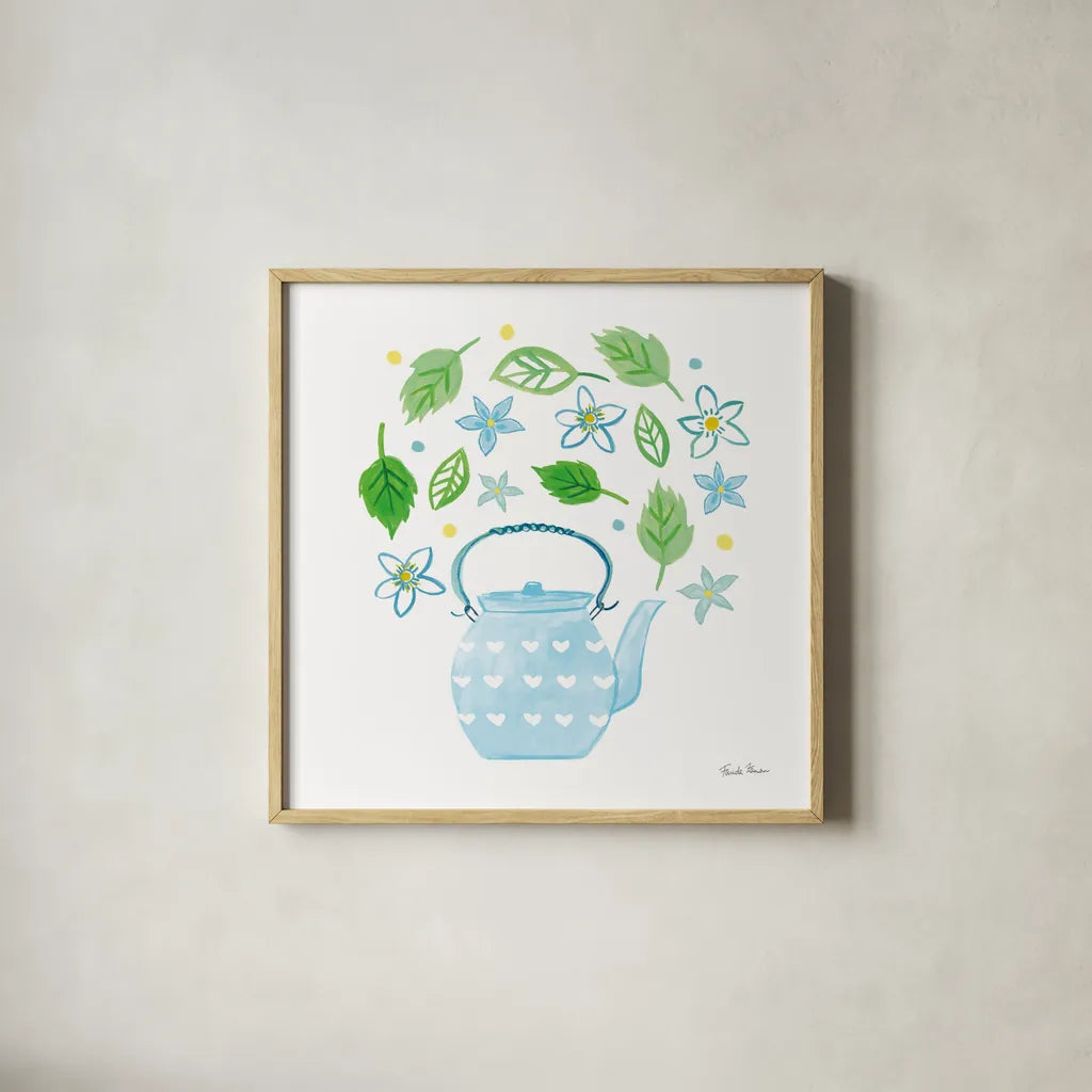 Organic Tea III by Farida Zaman. Shown in a natural wood glass frame for a timeless modern aesthetic. Available as an archival giclee rolled canvas, fine art paper, or poster print. SKU 61866a.