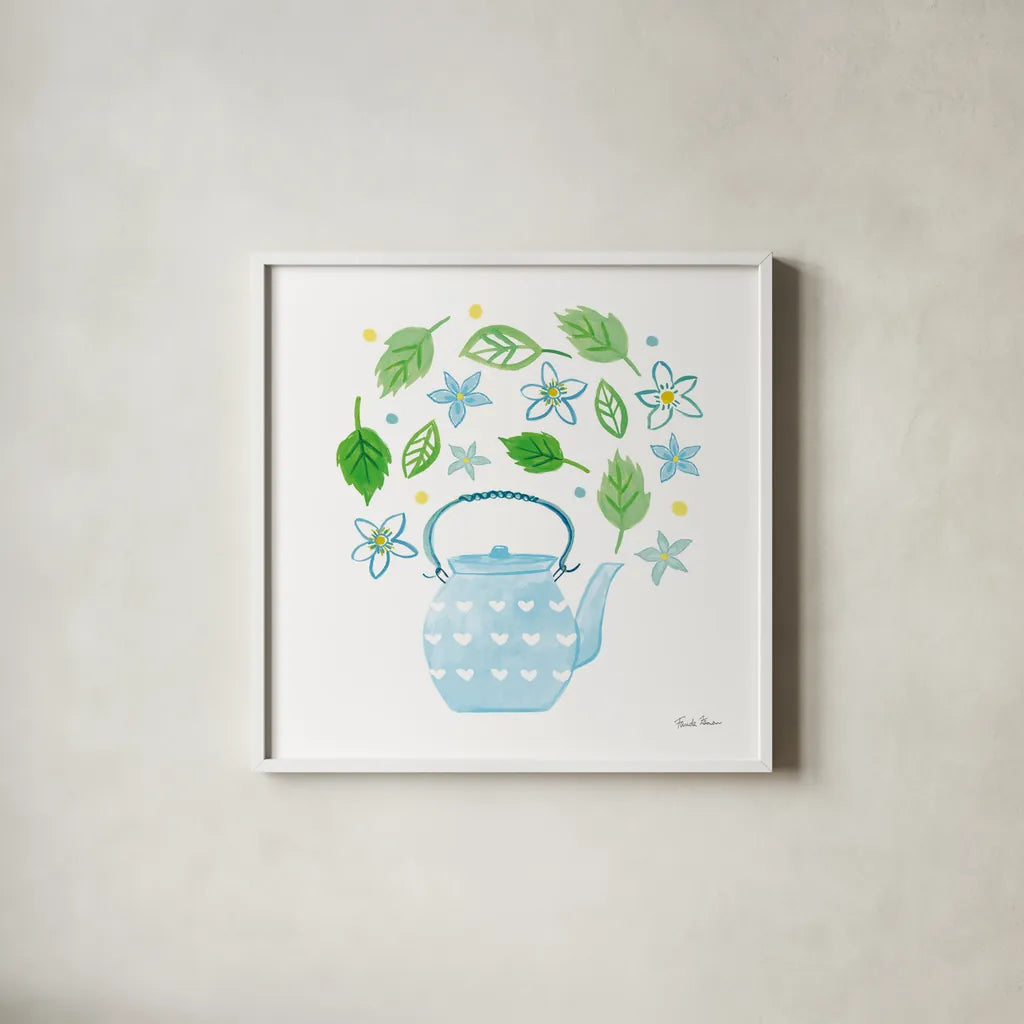 Organic Tea III by Farida Zaman. Shown in a crisp white glass frame for a clean and minimalist style. Available as an archival giclee rolled canvas, fine art paper, or poster print. SKU 61866a.