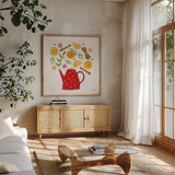 Organic Tea IV by Farida Zaman. Shown in a natural wood frame in a cozy modern living room. Available as an archival giclee rolled canvas, fine art paper, or poster print. SKU 61867a.