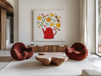 Organic Tea IV by Farida Zaman. Shown as extra-large giant wall art in a modern living room. Available as an archival giclee rolled canvas, fine art paper, or poster print. SKU 61867a.