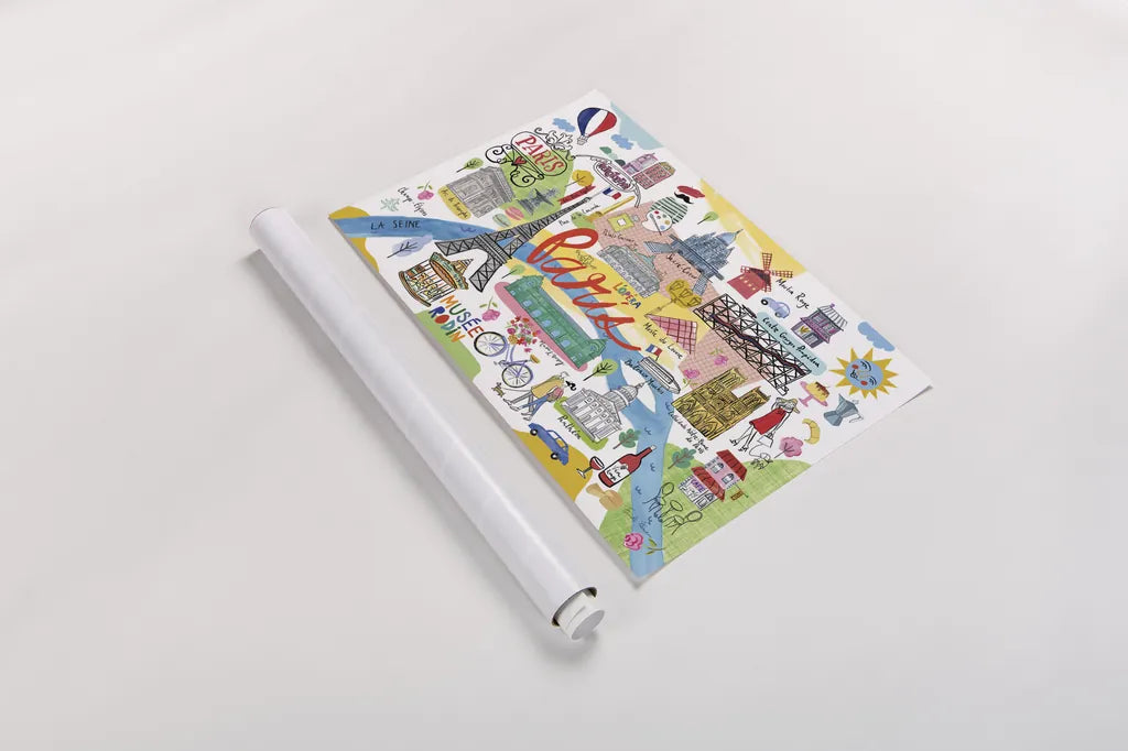 Paris Map by Farida Zaman. shown as a rolled paper print. Available as archival giclee rolled canvas, fine art paper, or poster print. SKU 66625i.