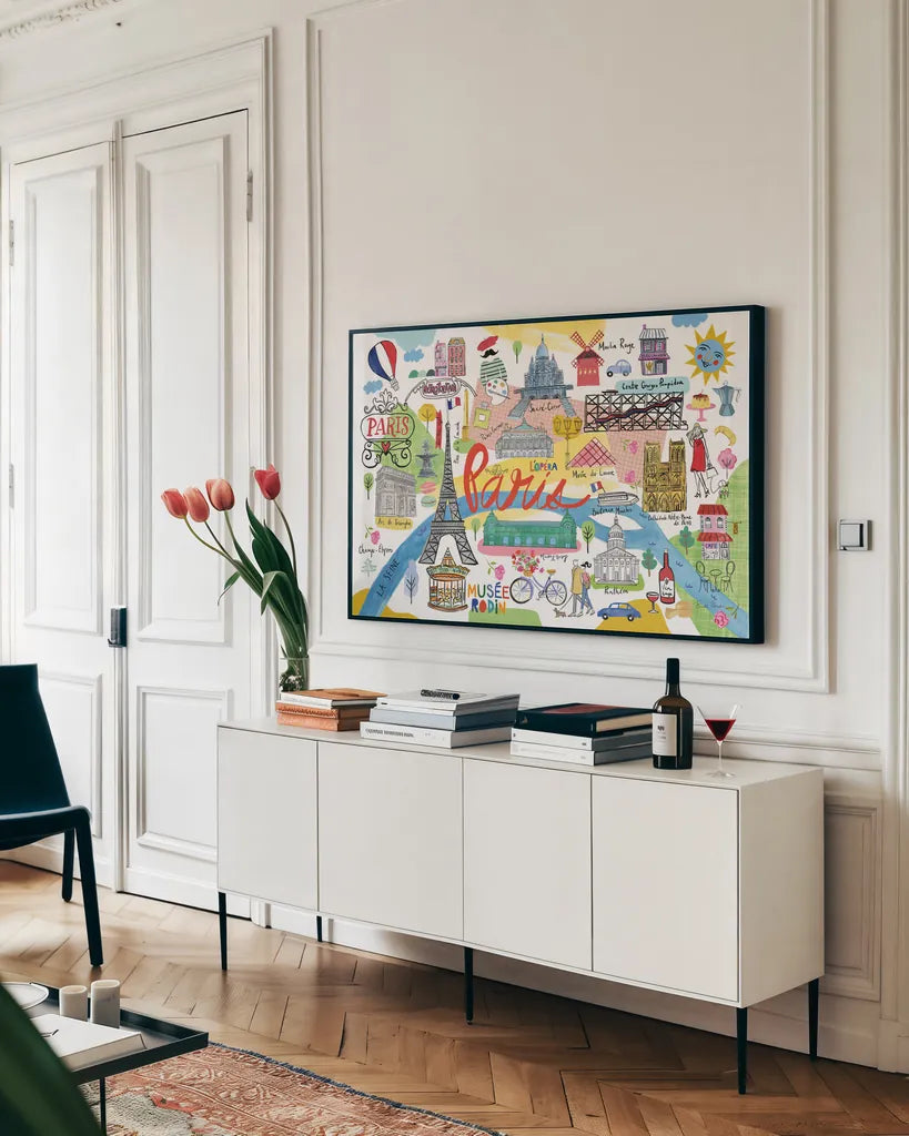 Paris Map by Farida Zaman. shown as a framed stretched canvas in a living room above a console. Available as a archival giclee rolled canvas, fine art paper, or poster print. SKU 66625i.