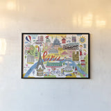 Paris Map by Farida Zaman. shown as a paper print in a black flame. Available as a archival giclee rolled canvas, fine art paper, or poster print. SKU 66625i.