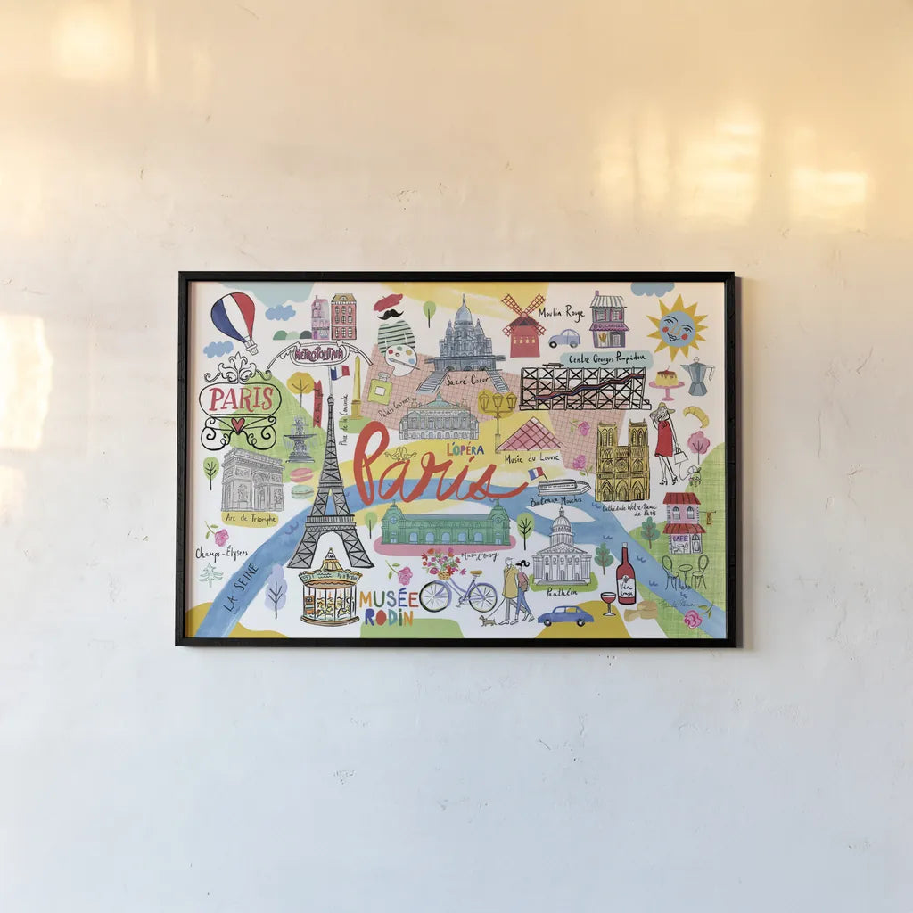 Paris Map by Farida Zaman. shown as a paper print in a black flame. Available as a archival giclee rolled canvas, fine art paper, or poster print. SKU 66625i.