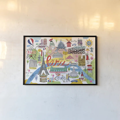 Paris Map by Farida Zaman. shown as a paper print in a black flame. Available as a archival giclee rolled canvas, fine art paper, or poster print. SKU 66625i.